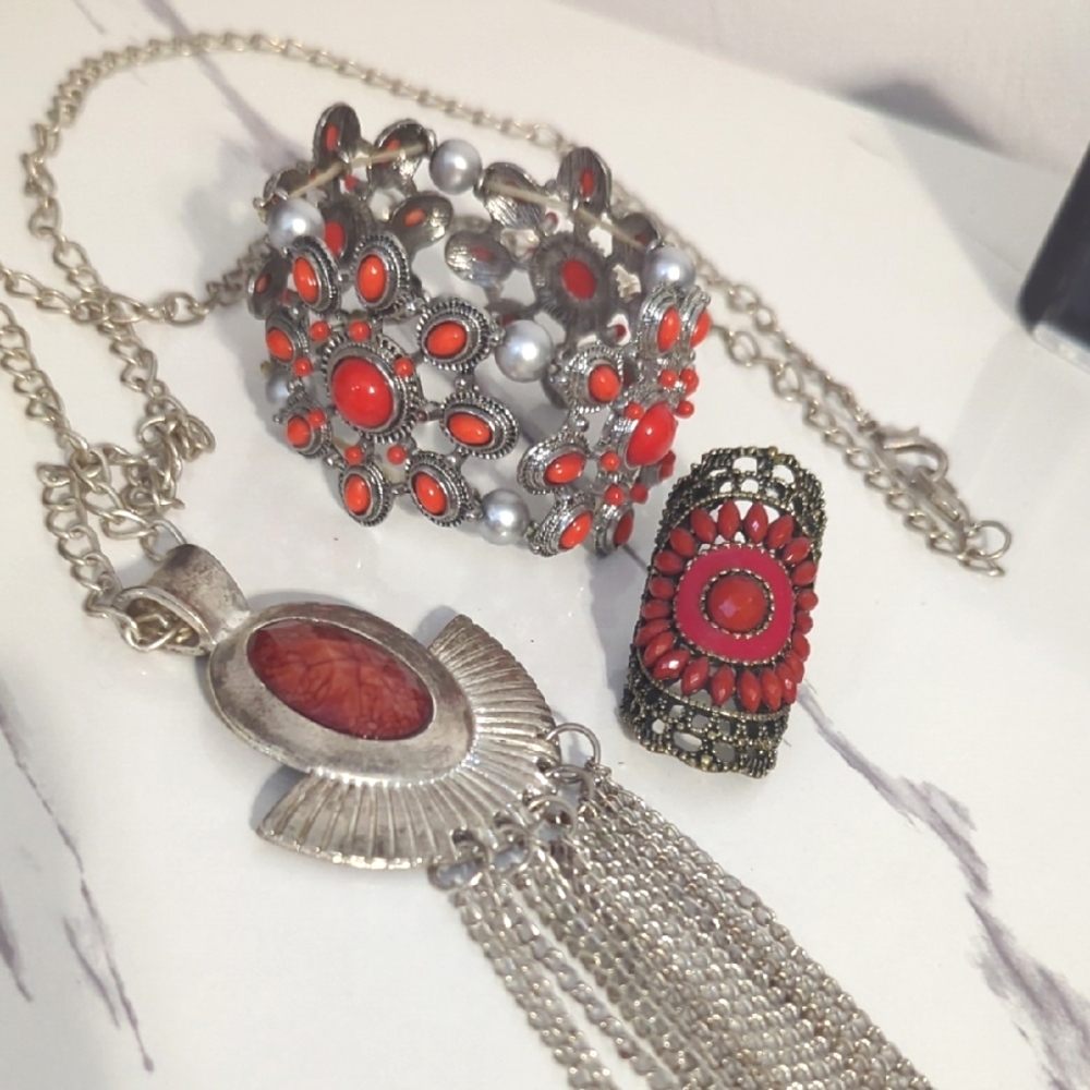 Boho Silver & Red/Orange Easter Spring Jewelry & Accessory Bundle Ring Bracelet